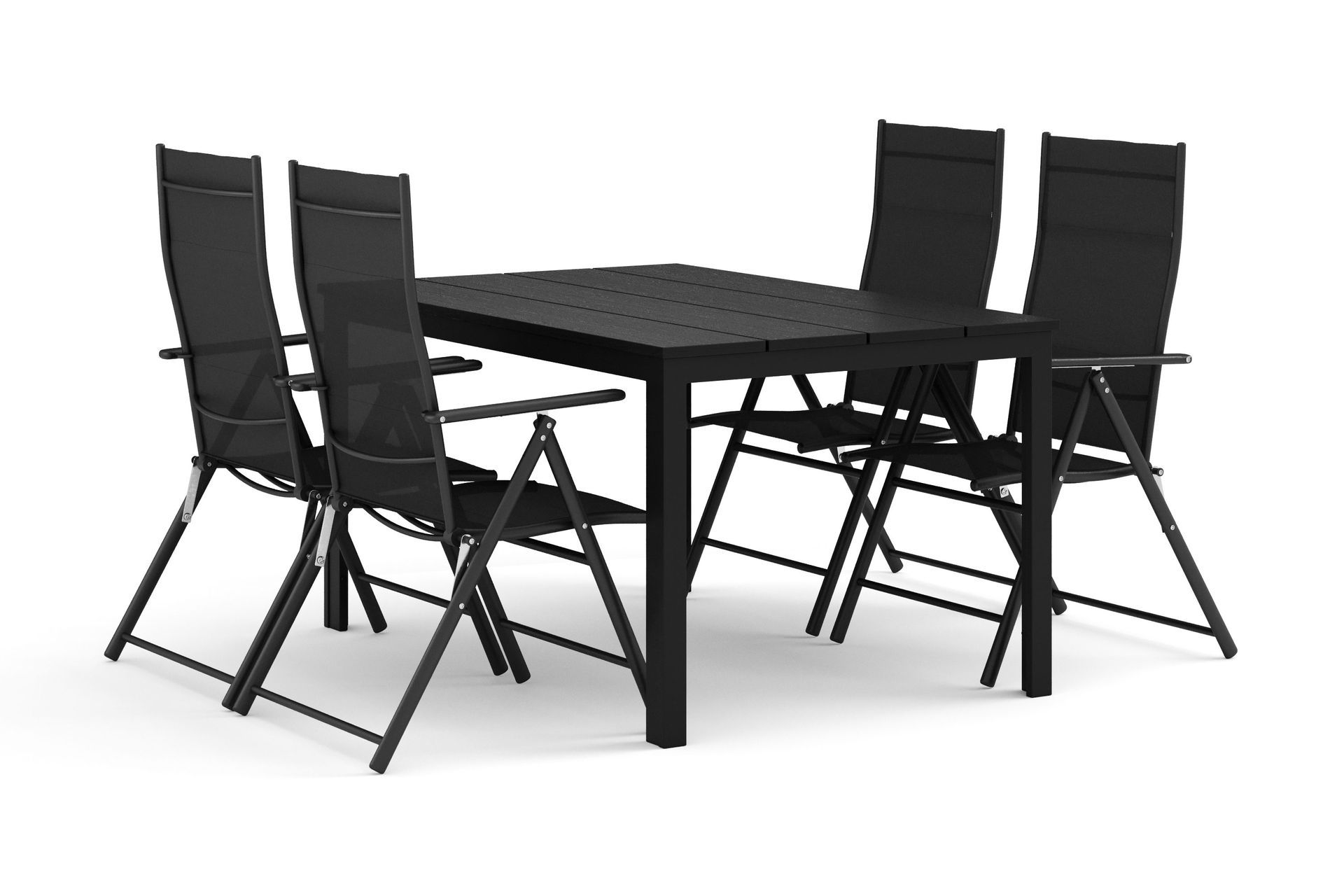 Tunis utomhus matgrupp 140x90 cm med 4 positionsstolar - Svart/Svart