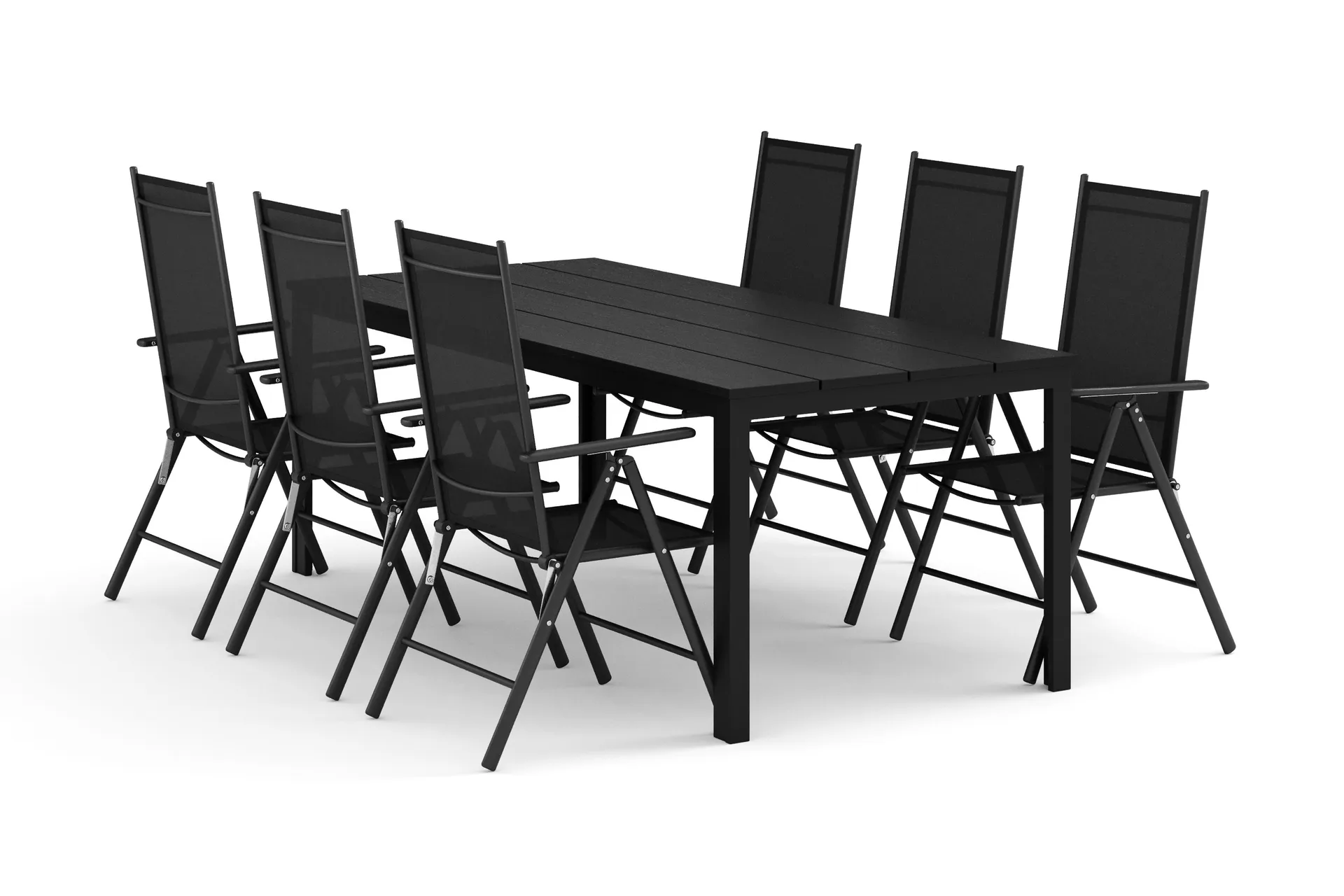 Tunis utomhus matgrupp 205x90 cm med 6 Maggie positionsstolar - Svart/Svart