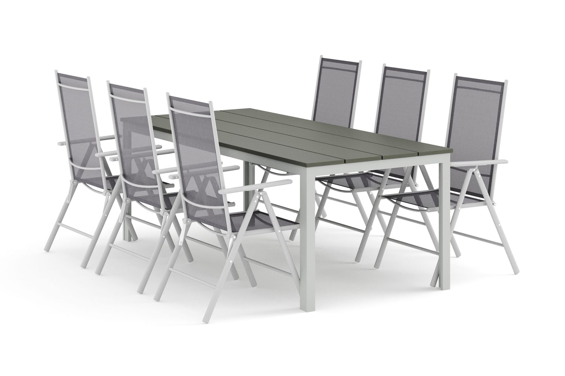 Tunis utomhus matgrupp 205x90 cm med 6 Maggie positionsstolar - Vit/Gr&aring;