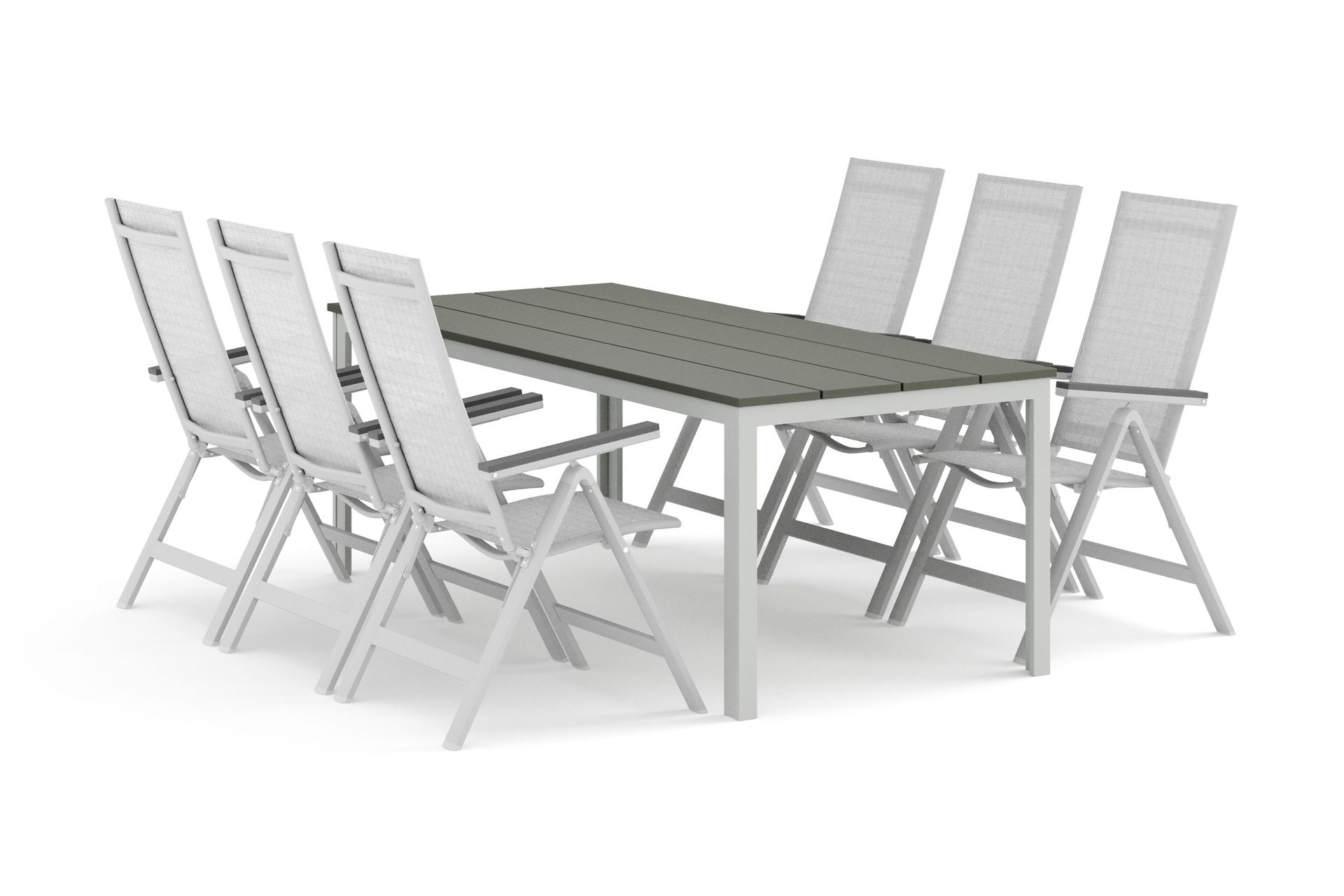 Tunis utomhus matgrupp 205x90 cm med 6 Monaco Light positionsstolar - Vit/Gr&aring;