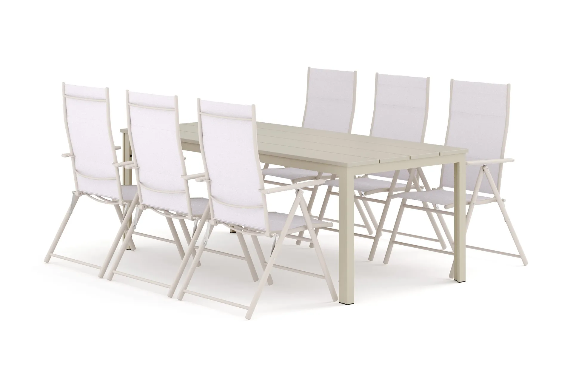 Tunis utomhus matgrupp 205x90 cm med 6 Sanna positionsstolar - Beige/Beige