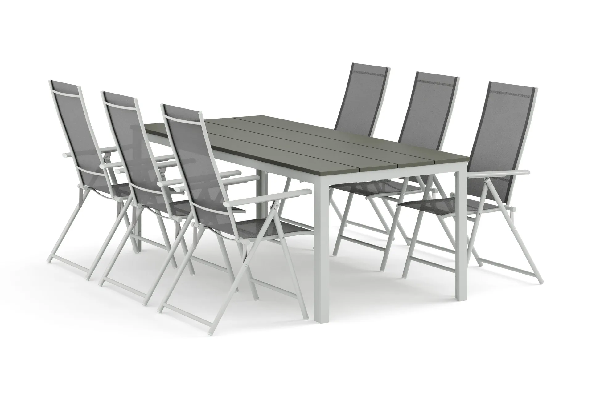 Tunis utomhus matgrupp 205x90 cm med 6 Sanna positionsstolar - Vit/Gr&aring;