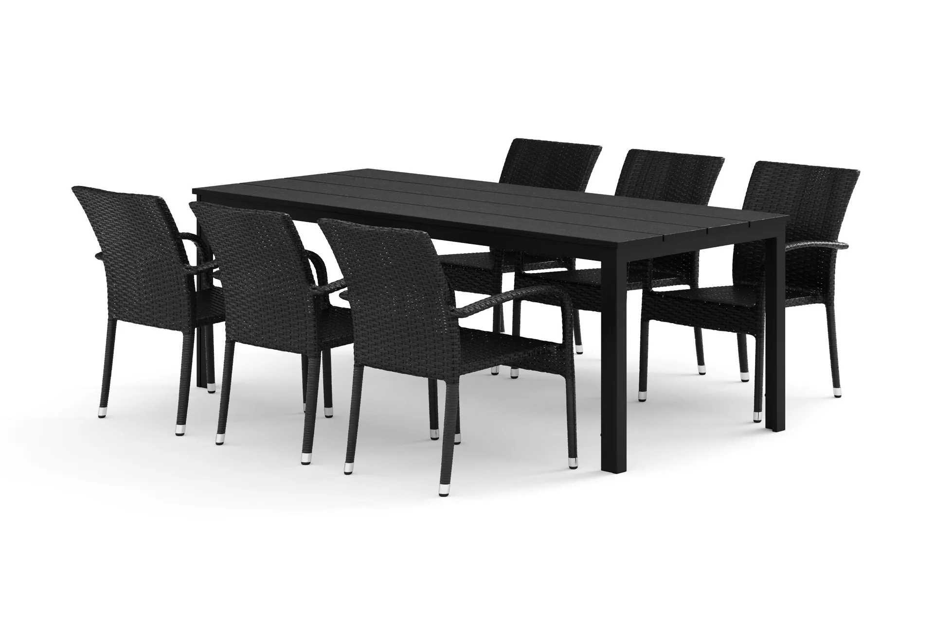 Tunis utomhus matgrupp 205x90 cm med 6 Thor Light utef&aring;t&ouml;ljer - Svart/Svart