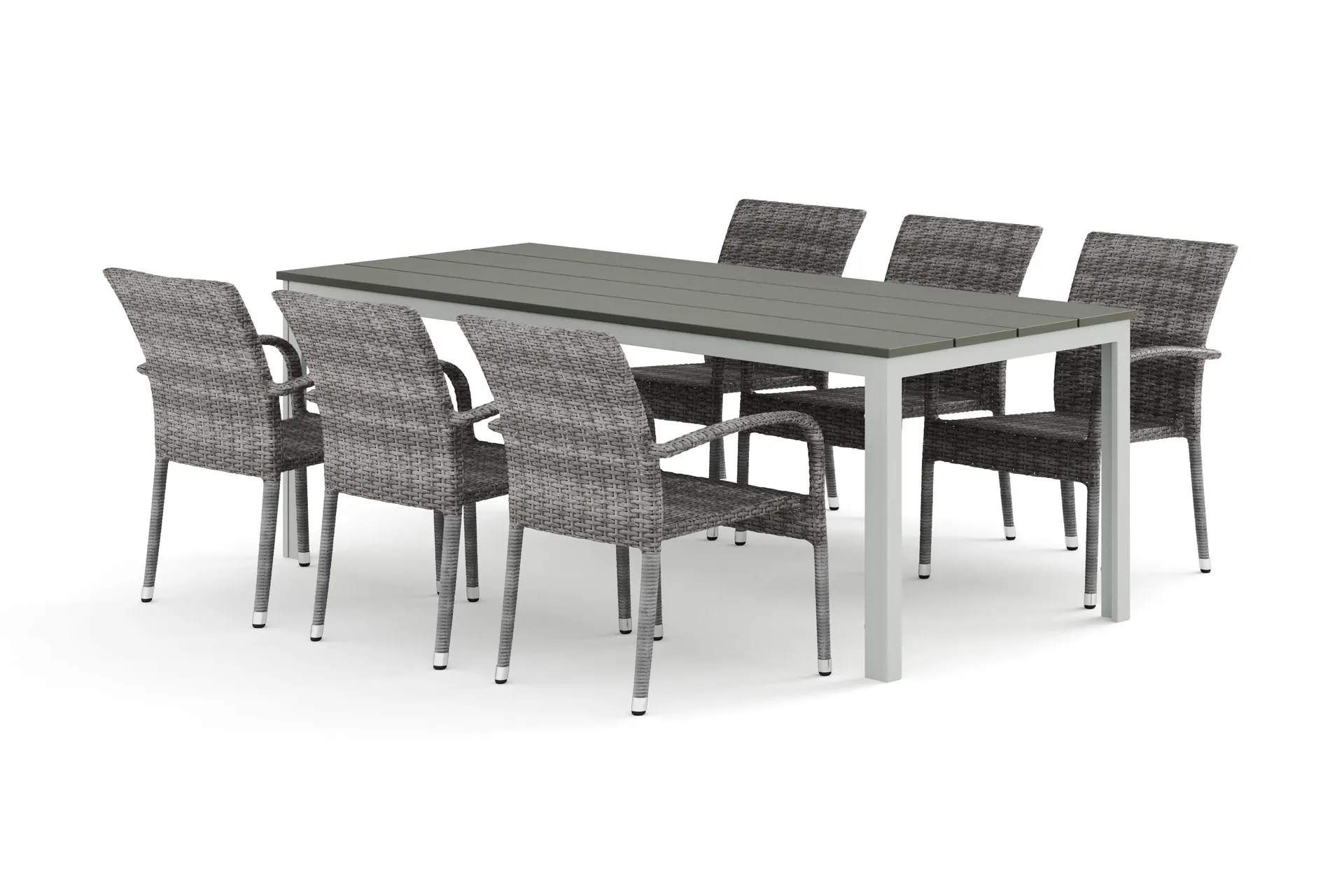 Tunis utomhus matgrupp 205x90 cm med 6 Thor Light utef&aring;t&ouml;ljer - Vit/Gr&aring;