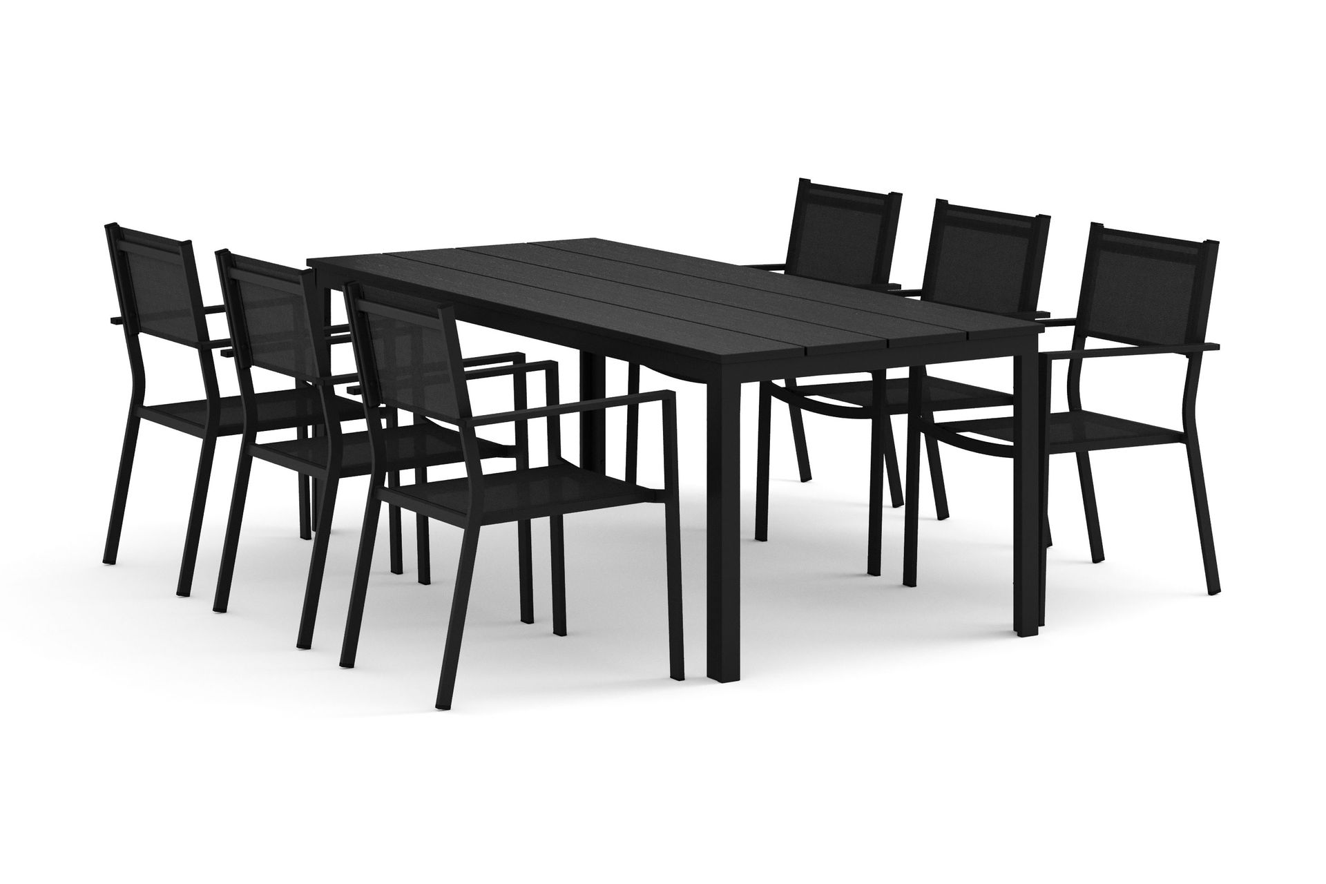 Tunis utomhus matgrupp 205x90 cm med 6 Tunis stapelstolar - Svart/Svart