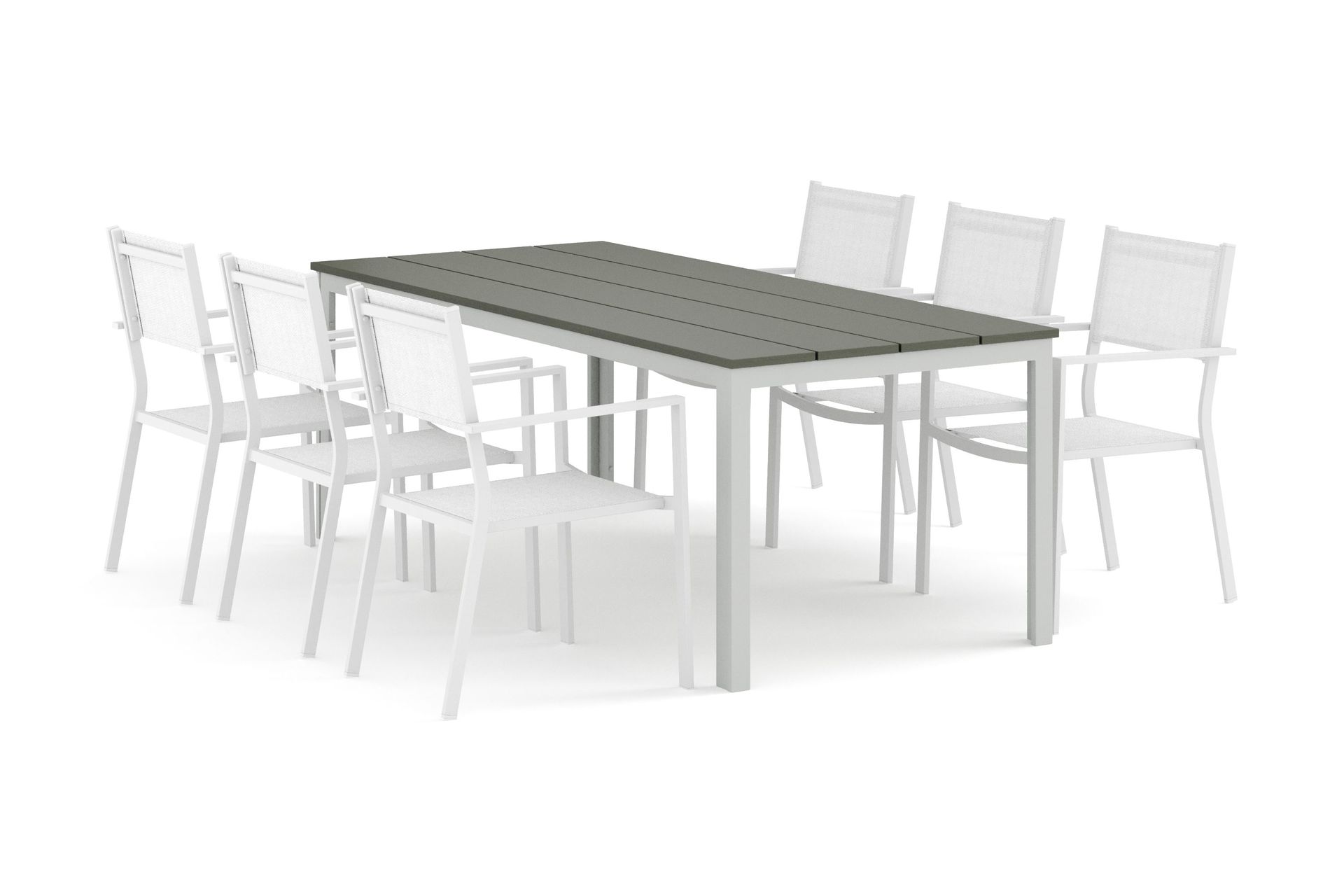 Tunis utomhus matgrupp 205x90 cm med 6 Tunis stapelstolar - Vit/Gr&aring;