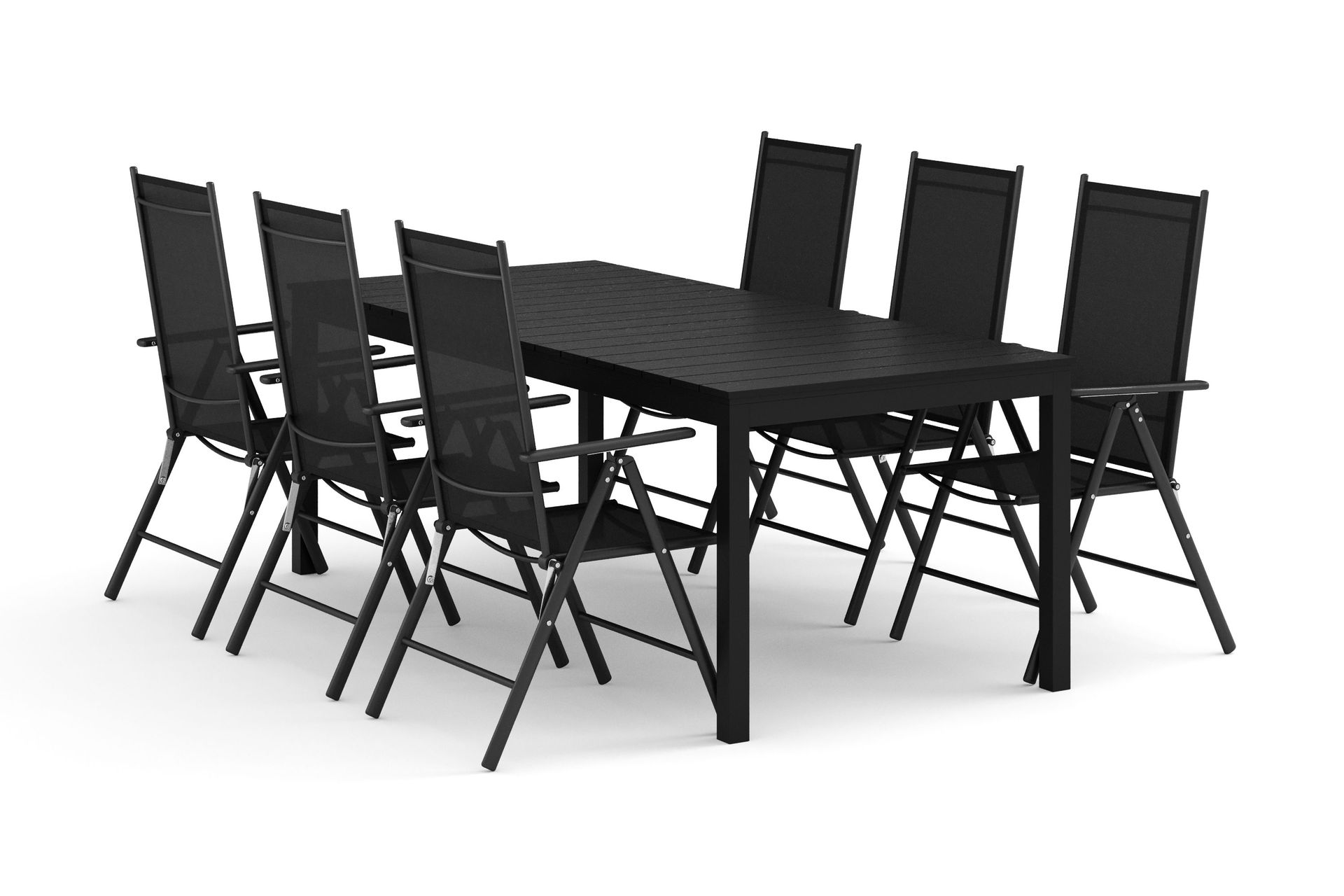 Tunis utomhus matgrupp f&ouml;rl&auml;ngningsbart 205/305x90 cm med 6 Maggie positionsstolar - Svart/Svart
