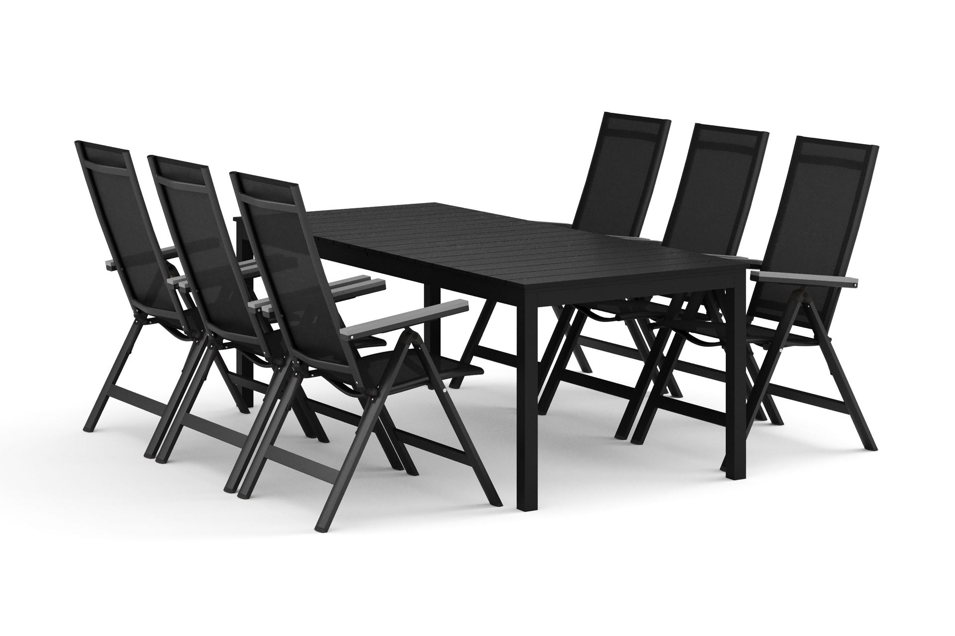 Tunis utomhus matgrupp f&ouml;rl&auml;ngningsbart 205/305x90 cm med 6 Monaco Light positionsstolar - Svart/Svart