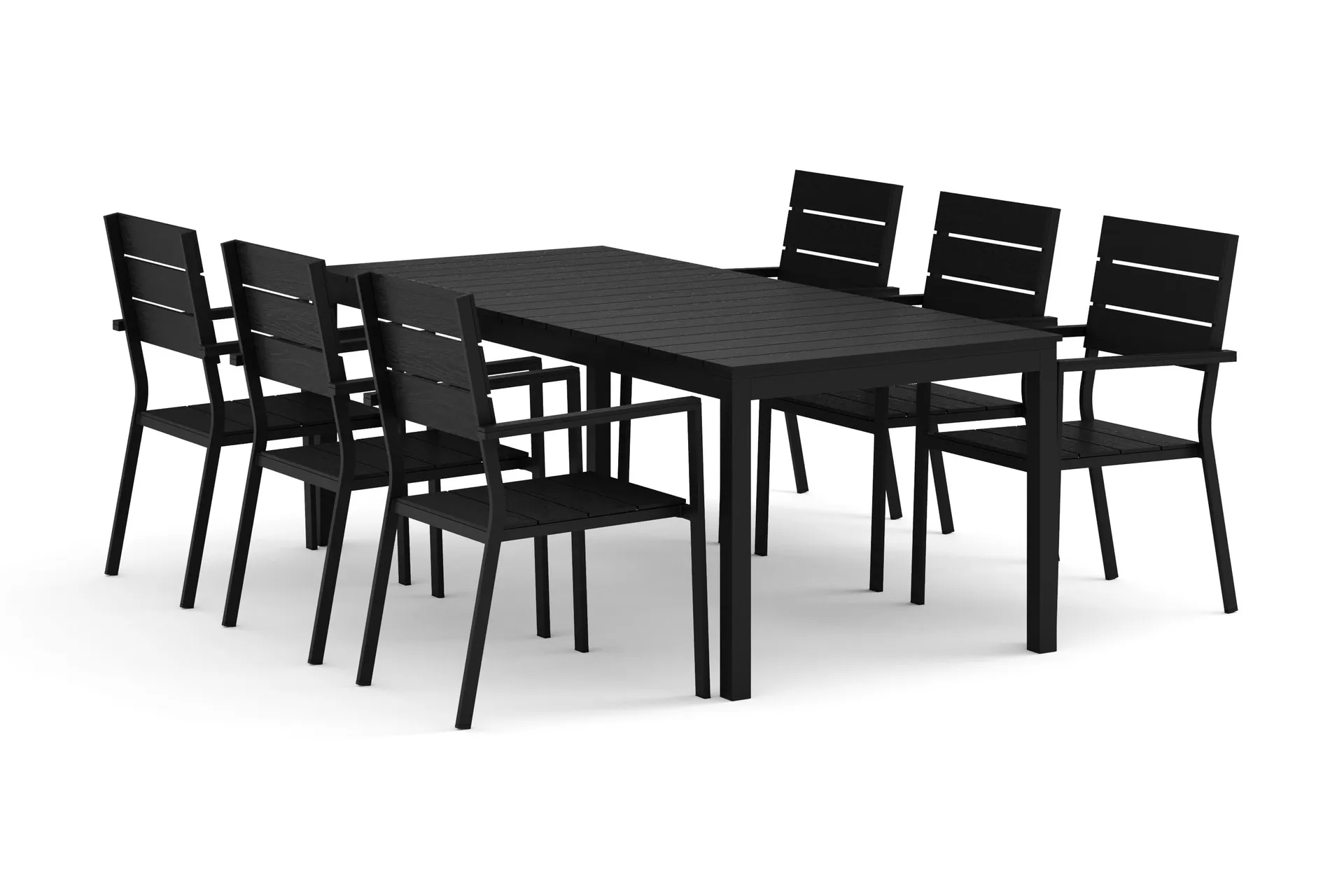 Tunis utomhus matgrupp f&ouml;rl&auml;ngningsbart 205/305x90 cm med 6 Tunis stapelstolar - Svart/Svart