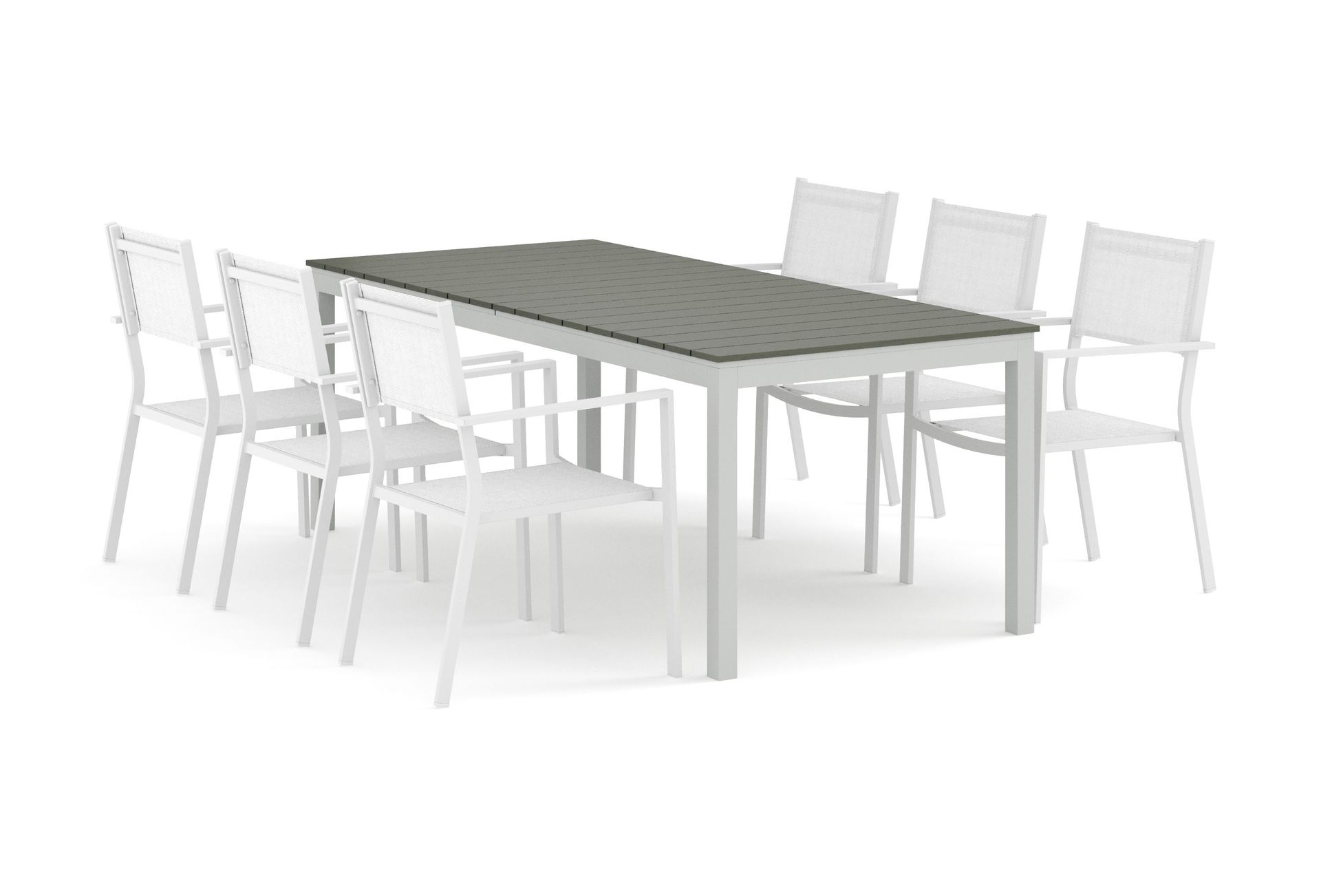 Tunis utomhus matgrupp f&ouml;rl&auml;ngningsbart 205/305x90 cm med 6 Tunis stapelstolar - Vit/Gr&aring;
