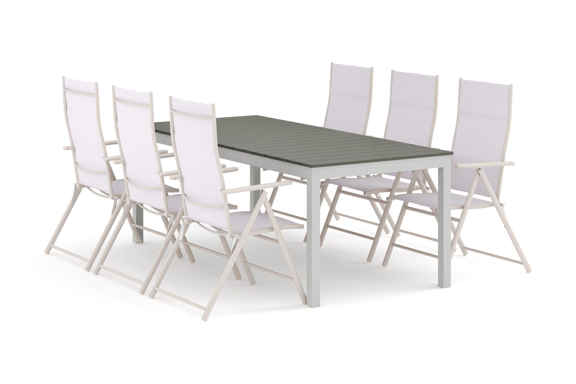 tunis utomhus matgrupp förlängningsbart 205/305x90 cm med 6 positionsstolar - vit/grå