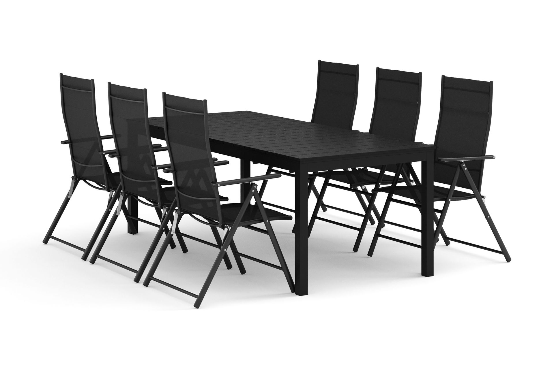 Tunis utomhus matgrupp f&ouml;rl&auml;ngningsbart 205/305x90 cm med 6 positionsstolar - Svart/Svart