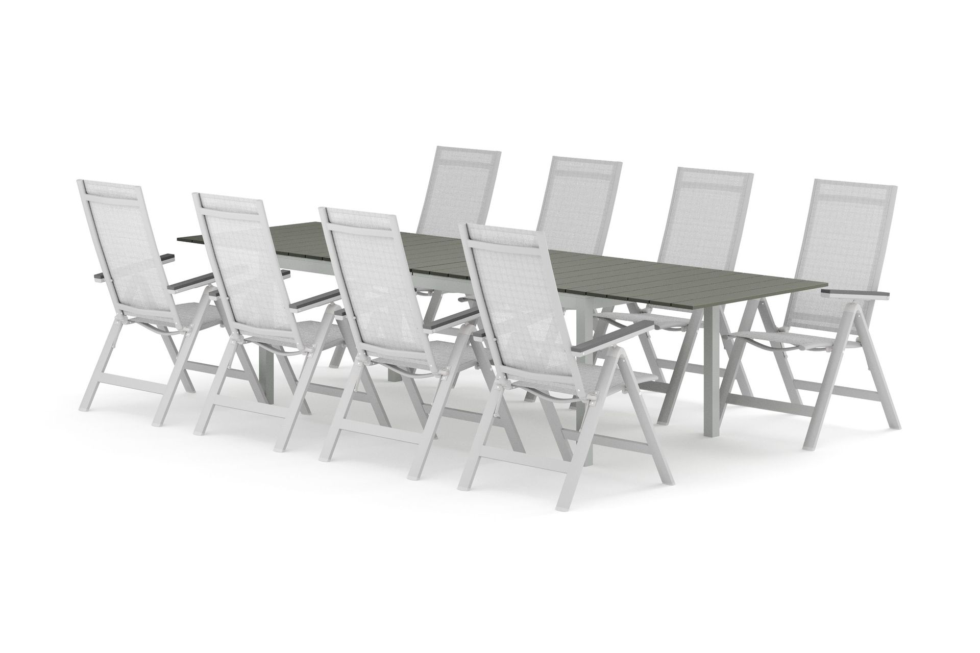 Tunis utomhus matgrupp f&ouml;rl&auml;ngningsbart 205/305x90 cm med 8 Monaco Light positionsstolar - Vit/Gr&aring;