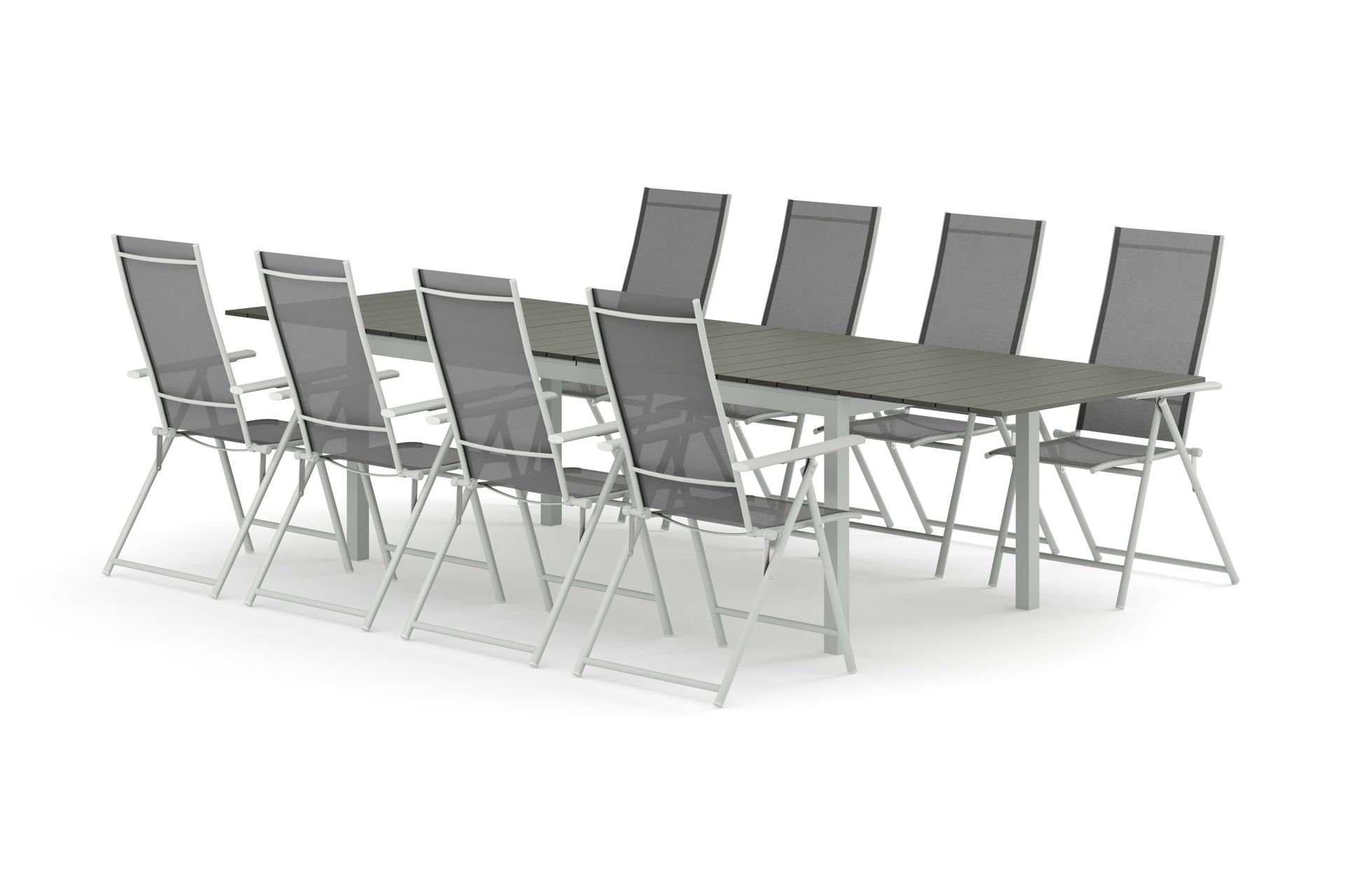 Tunis utomhus matgrupp f&ouml;rl&auml;ngningsbart 205/305x90 cm med 8 Sanna positionsstolar - Vit/Gr&aring;