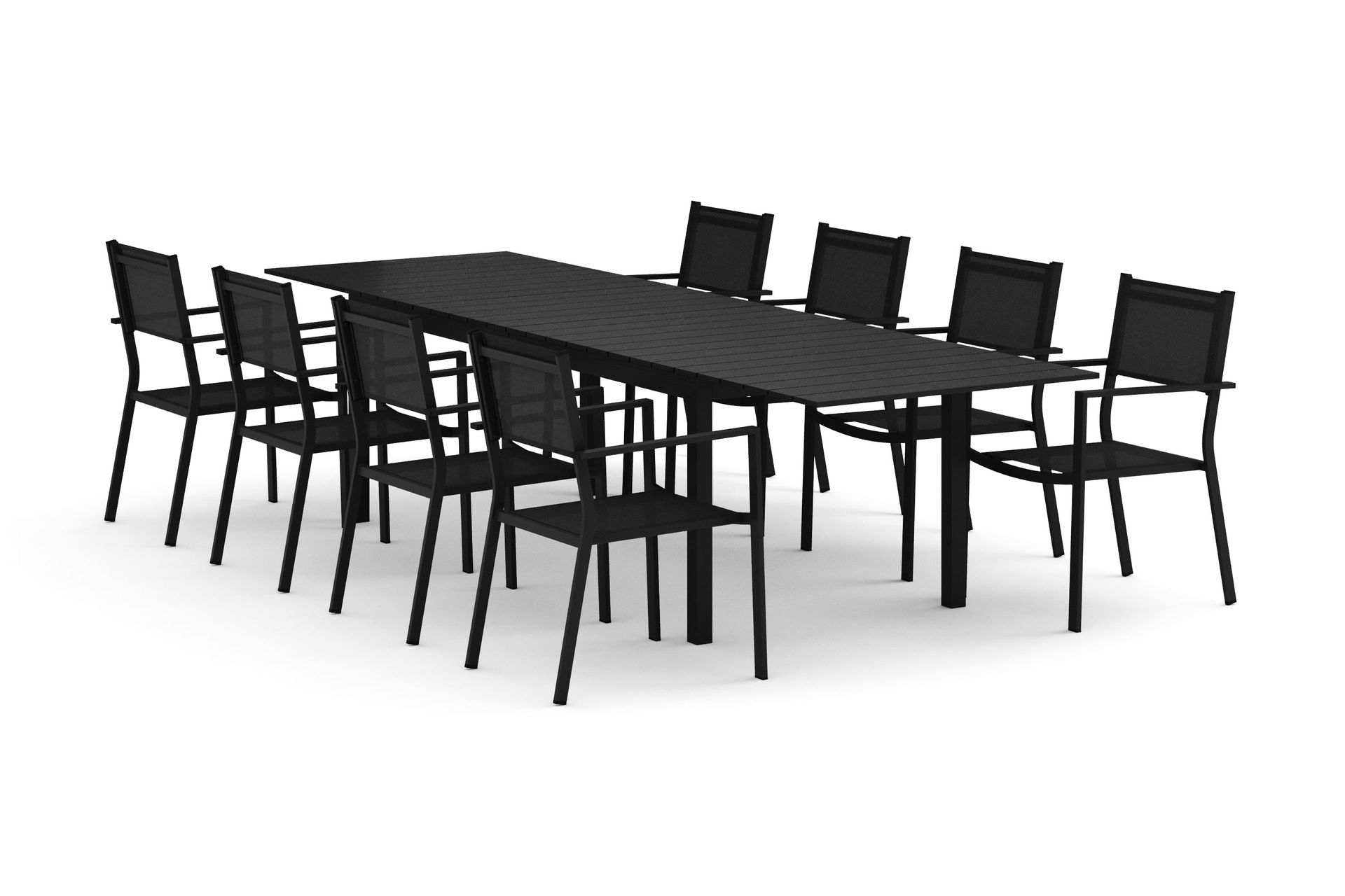 tunis utomhus matgrupp förlängningsbart 205/305x90 cm med 8 tunis stapelstolar - svart/svart