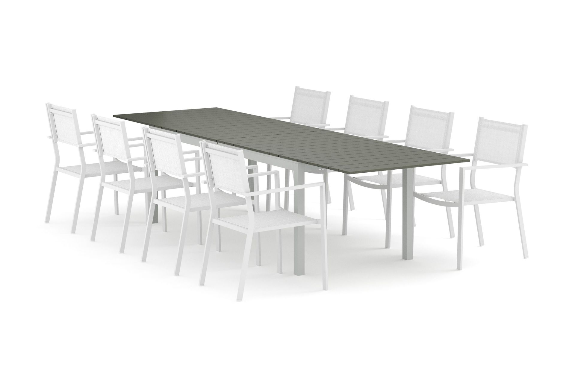 Tunis utomhus matgrupp f&ouml;rl&auml;ngningsbart 205/305x90 cm med 8 Tunis stapelstolar - Vit/Gr&aring;