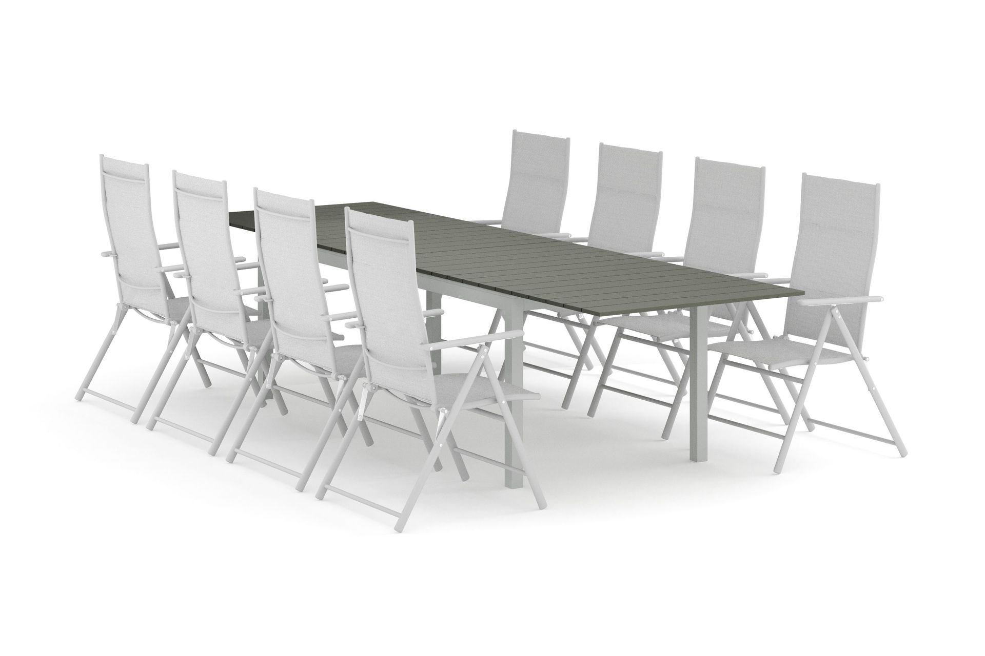 Tunis utomhus matgrupp f&ouml;rl&auml;ngningsbart 205/305x90 cm med 8 positionsstolar - Vit/Gr&aring;