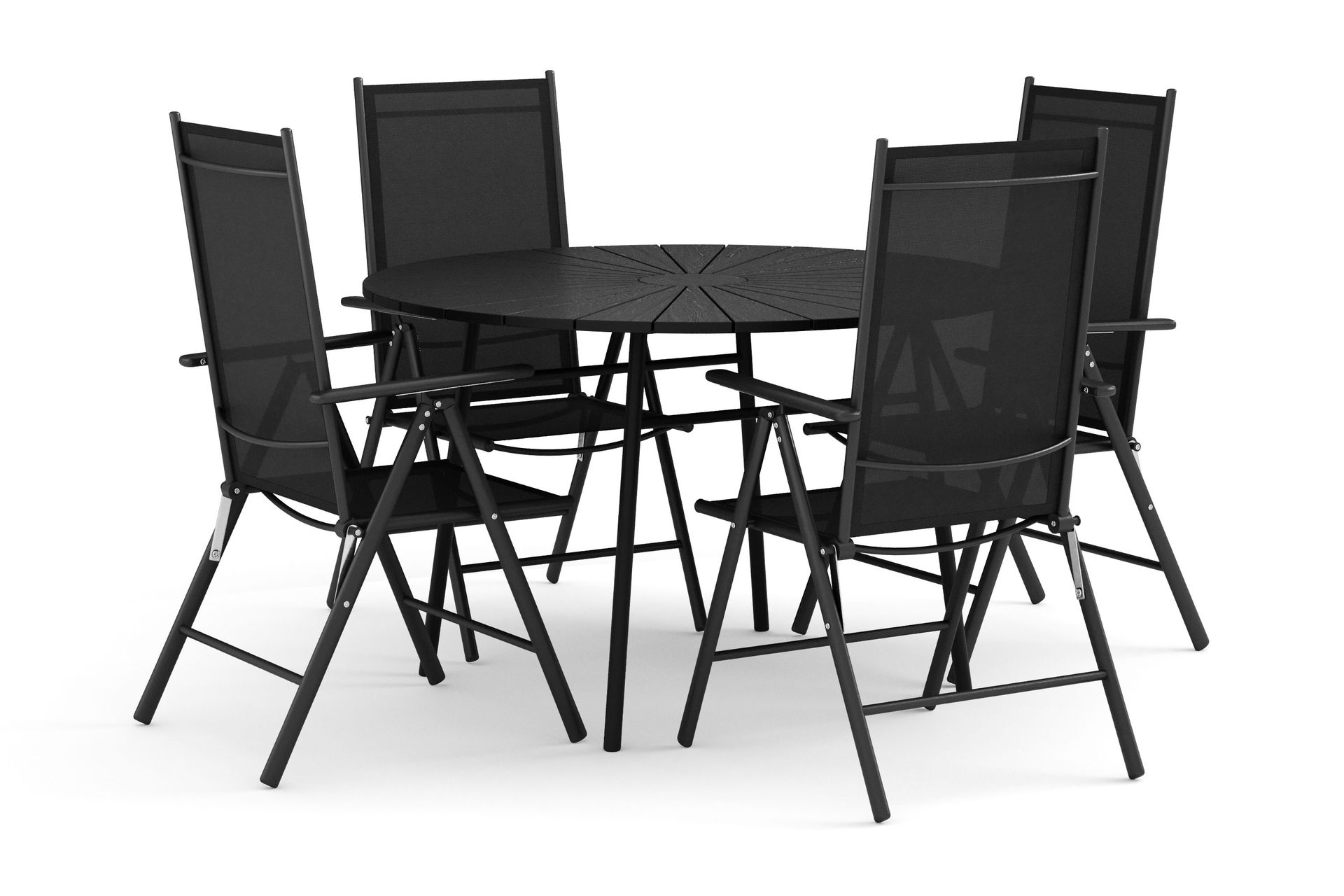 Tunis utomhus rund matgrupp 120 cm med 4 Maggie positionsstolar - Svart/Svart
