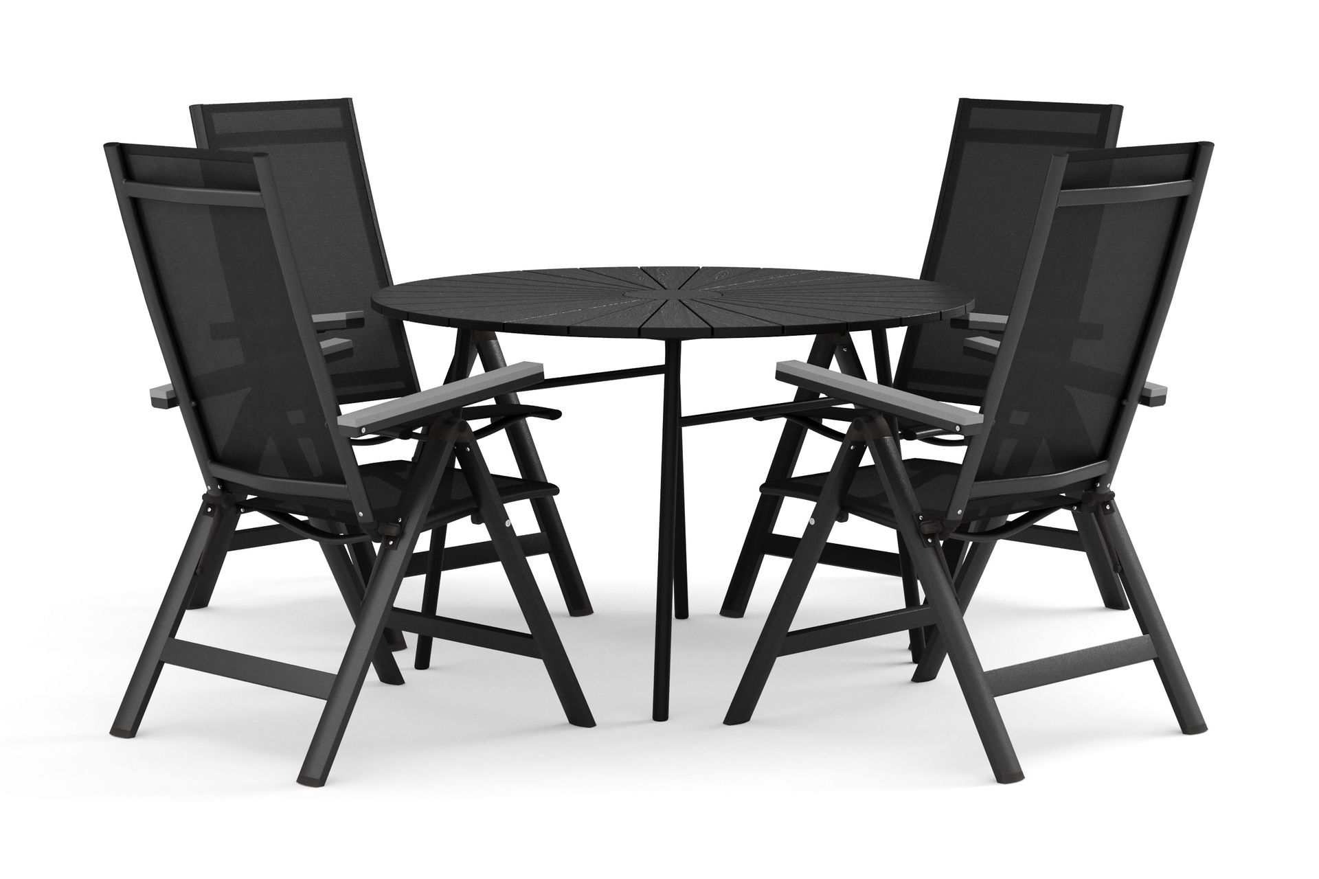 Tunis utomhus rund matgrupp 120 cm med 4 Monaco Light positionsstolar - Svart/Svart
