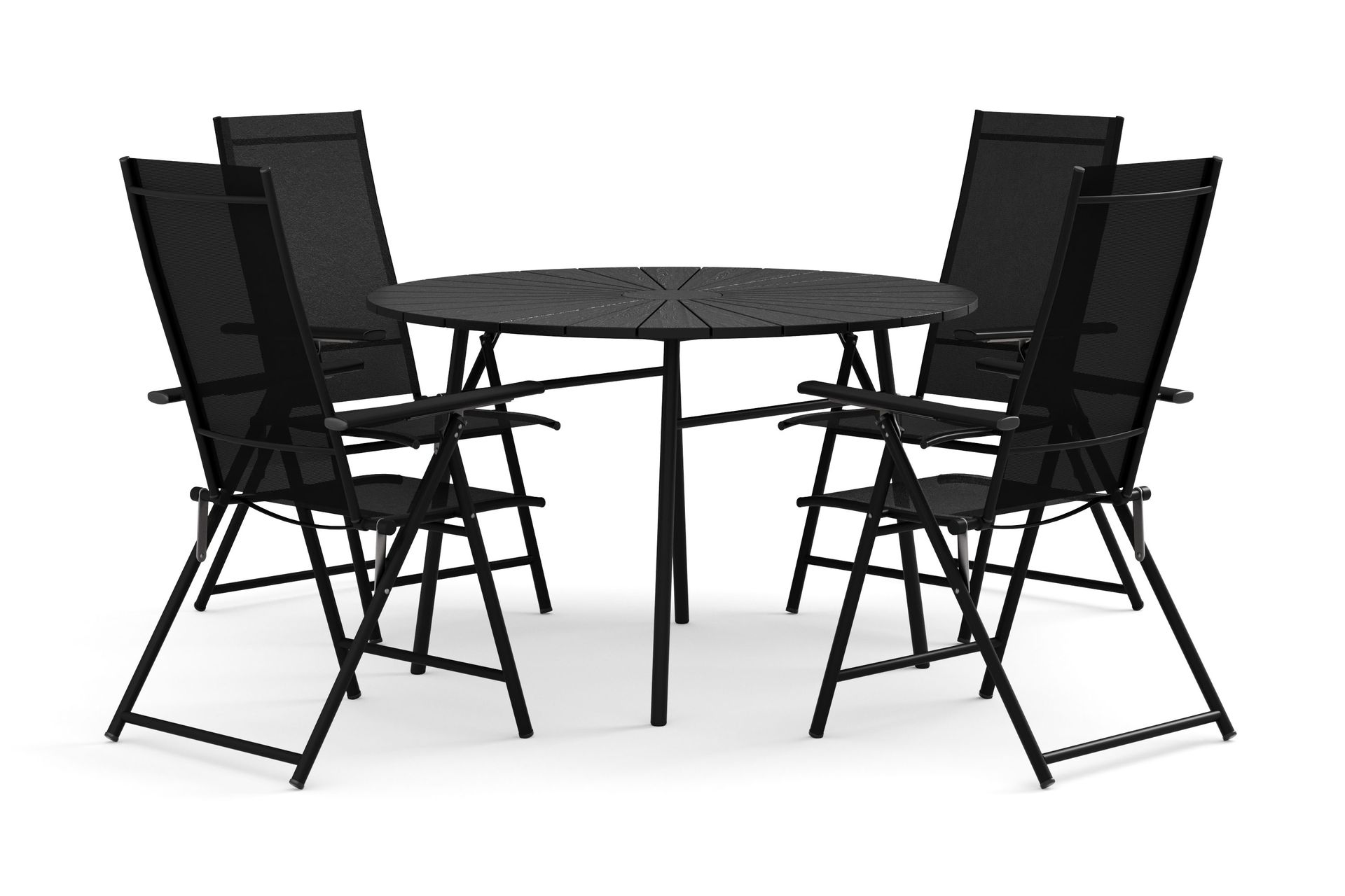 Tunis utomhus rund matgrupp 120 cm med 4 Sanna positionsstolar - Svart/Svart