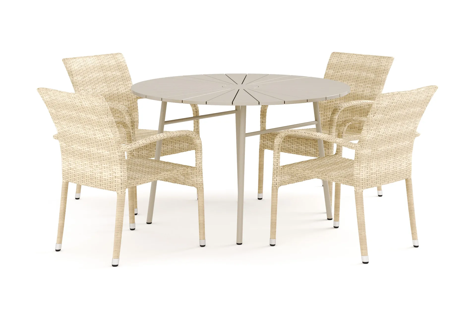 Tunis utomhus rund matgrupp 120 cm med 4 Thor Light utef&aring;t&ouml;ljer - Beige/Beige