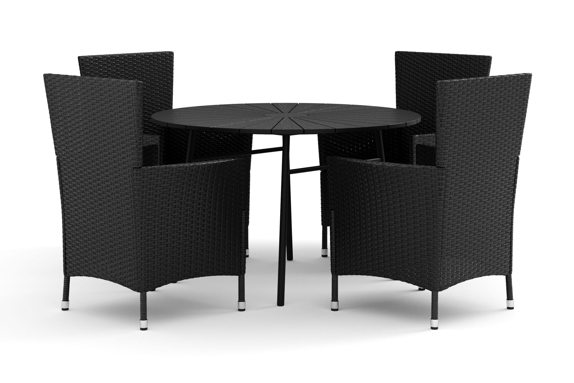 Tunis utomhus rund matgrupp 120 cm med 4 Thor utef&aring;t&ouml;ljer - Svart/Svart
