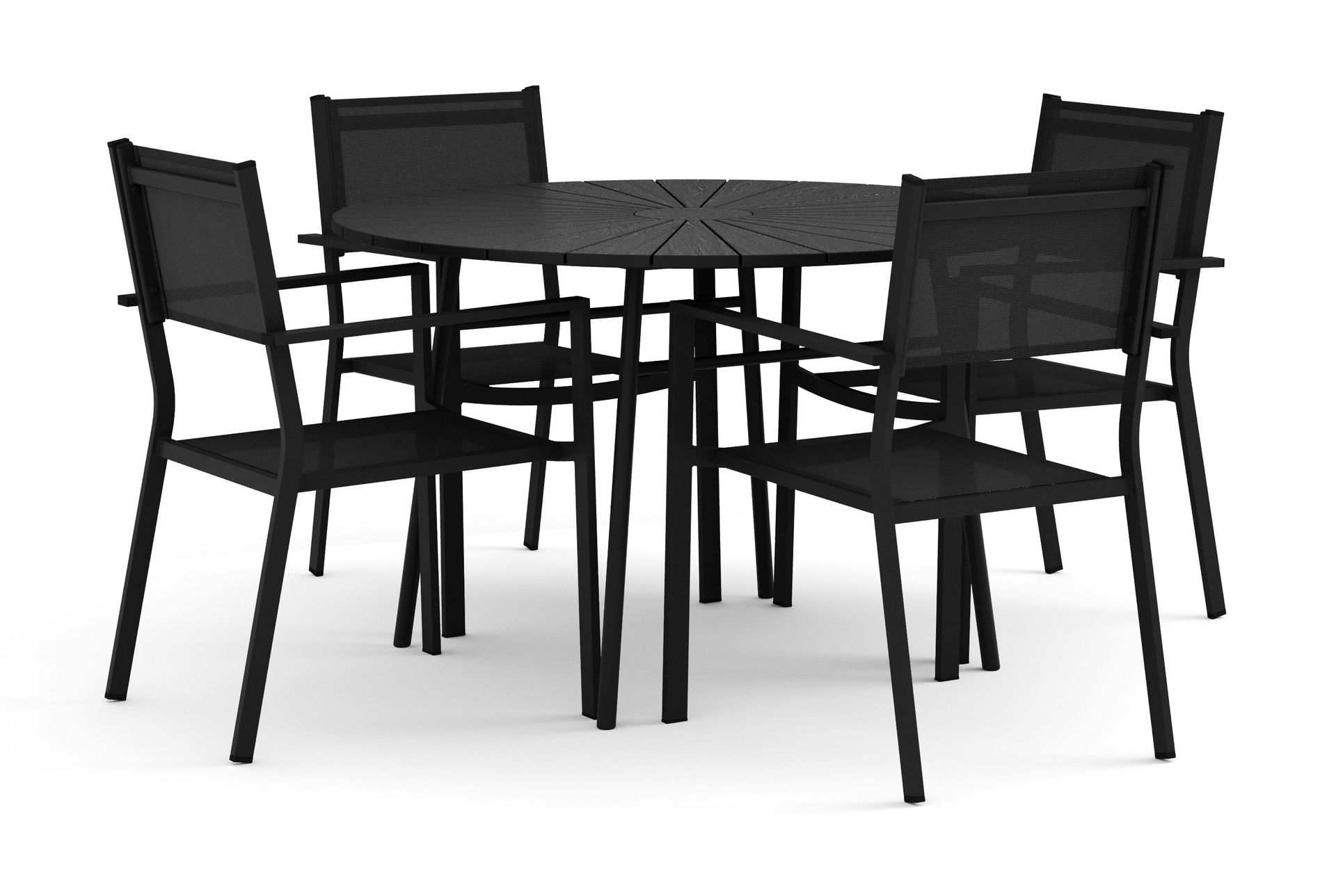 Tunis utomhus rund matgrupp 120 cm med 4 Tunis stapelstolar - Svart/Svart