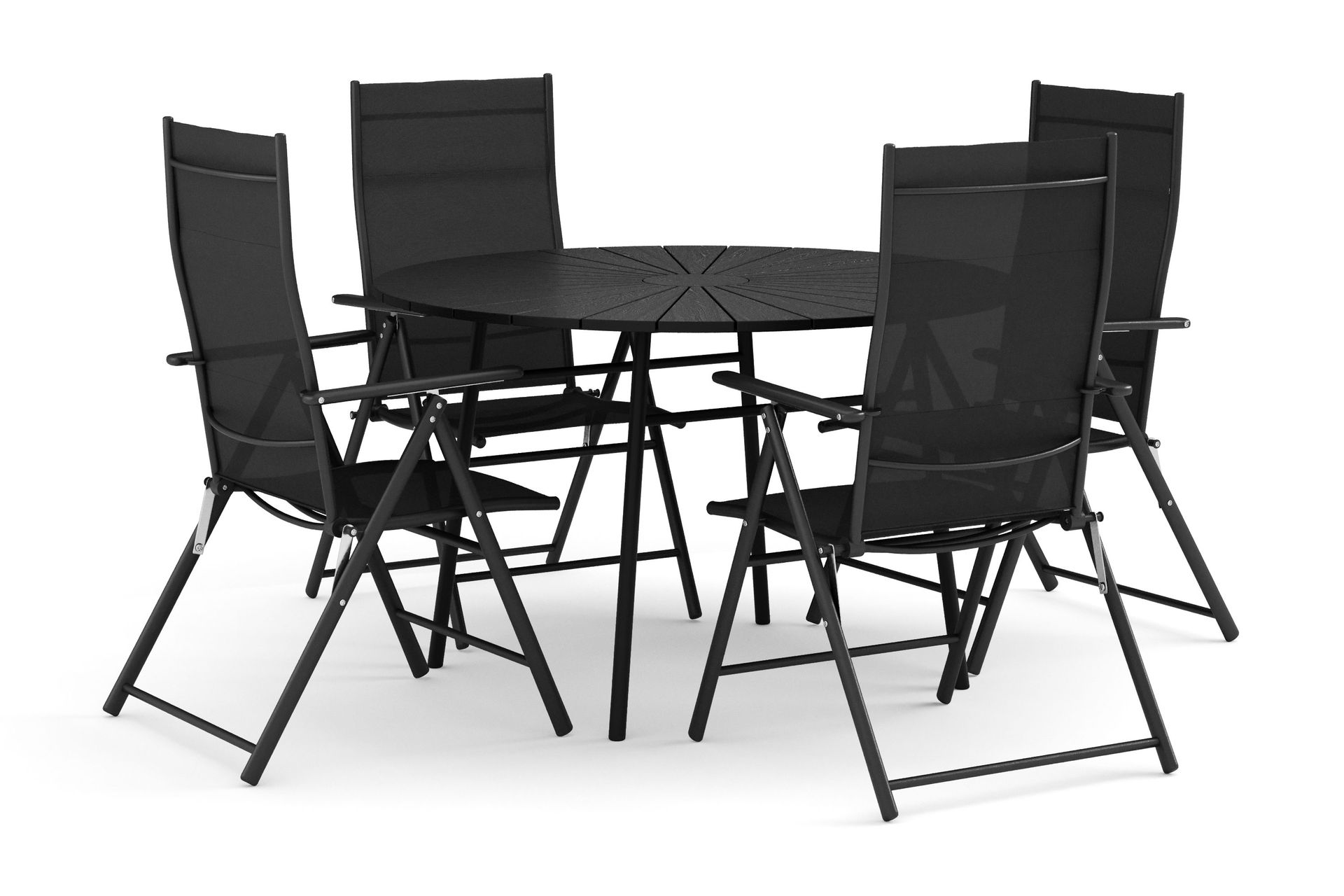 Tunis utomhus rund matgrupp 120 cm med 4 positionsstolar - Svart/Svart