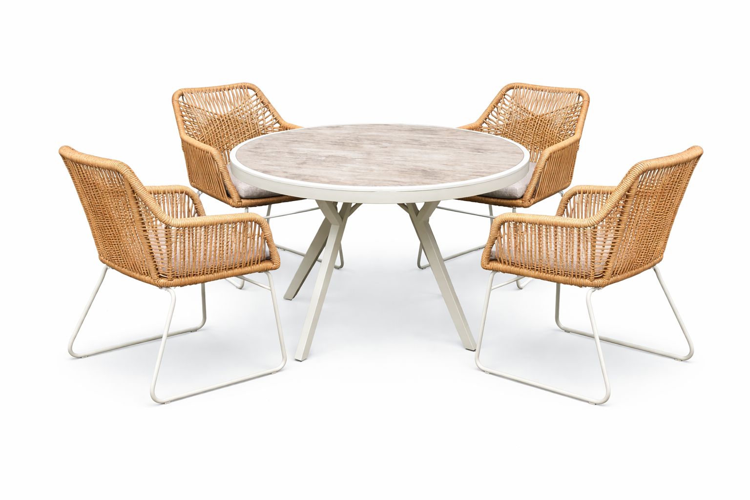 Utem&ouml;belgrupp Palermo rund matgrupp 130 med 4 Seville karmstolar - gr&aring;/beige