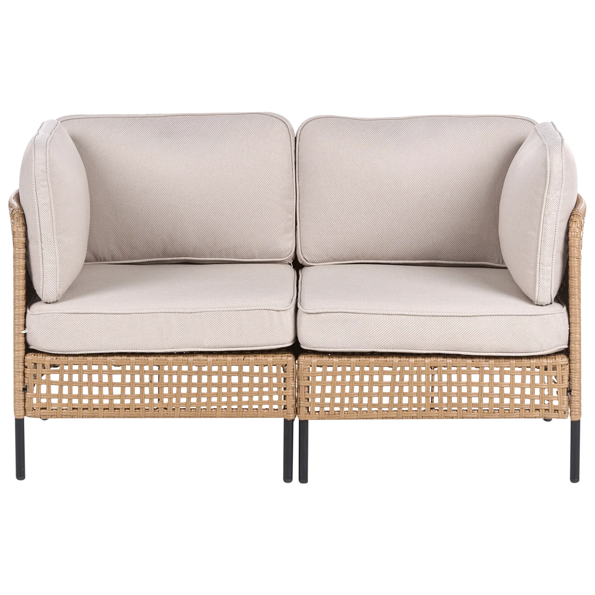 Beige och svart utesoffa i konstrotting med dynor