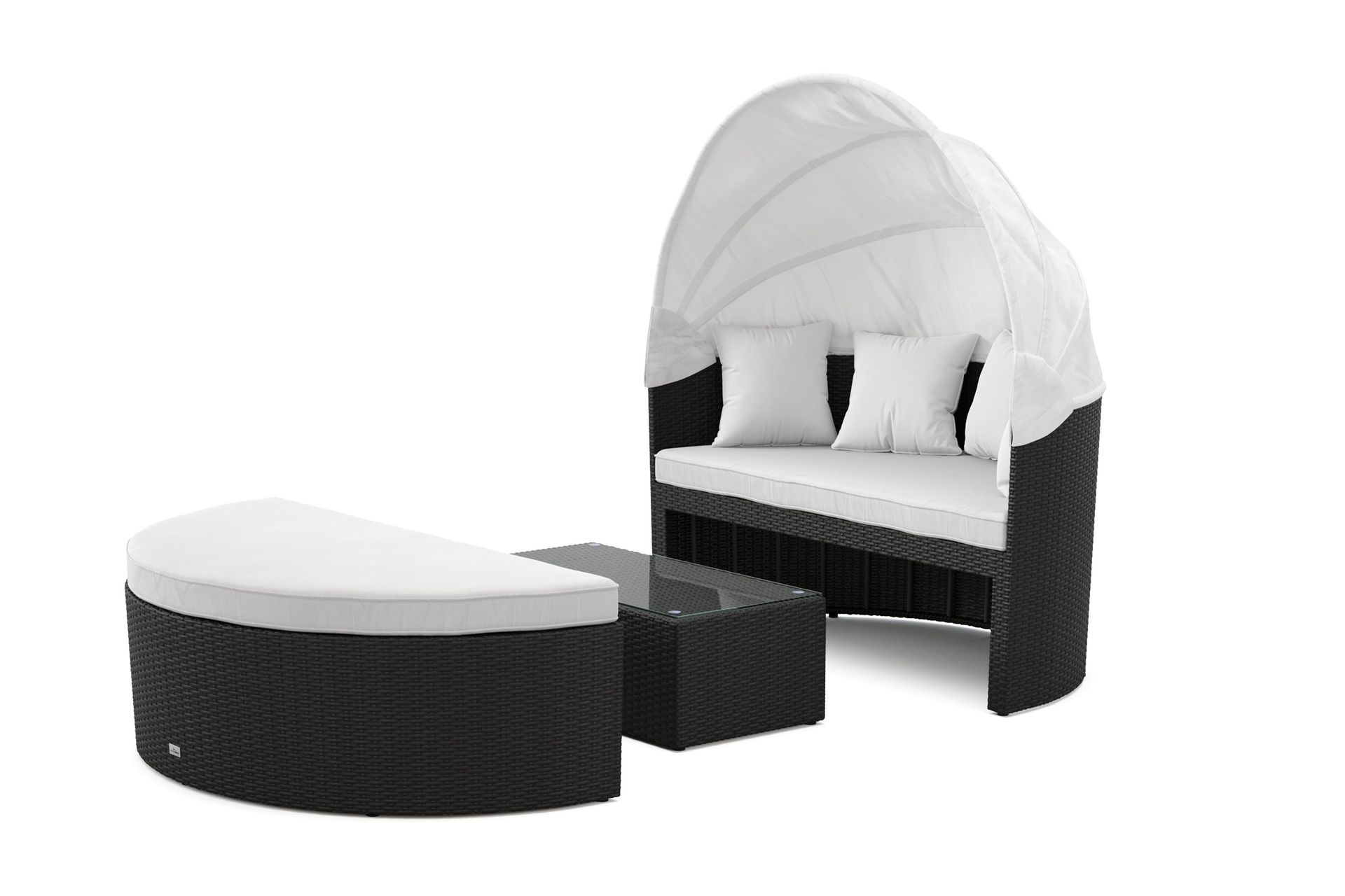 florens rund dubbel solsäng med tak - soffbord med glasskiva i konstrotting - svart