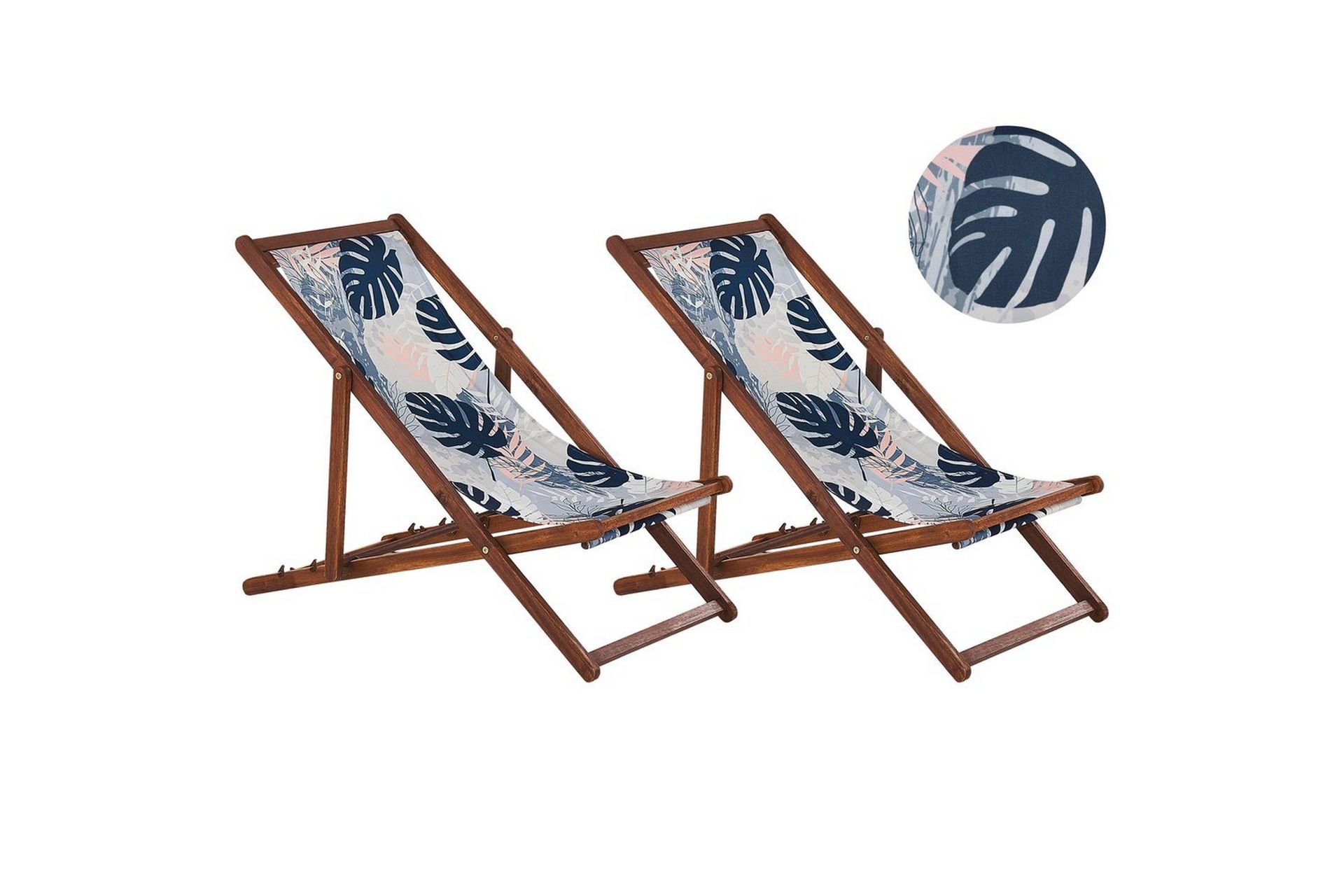 solstol set om 2 anzio - mörkt trä/off-white/blå palmbladsmönster