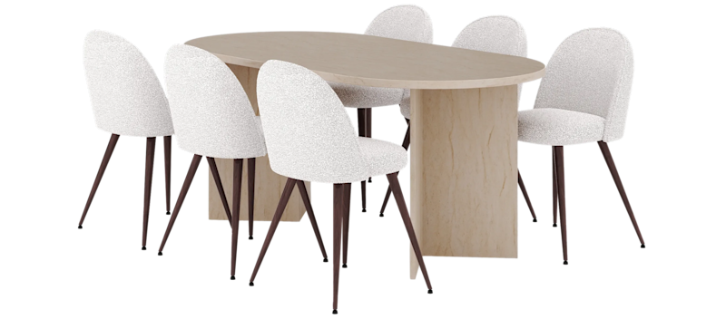 Dano Matbord 180 cm med 6 Naira Plus Matstolar, Travertin / Vit