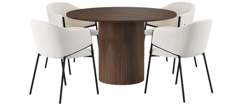 Kopparbo Runt Matbord 120 cm med 4 Filip Matstolar, Mörkbrun / Taupe Bouclé